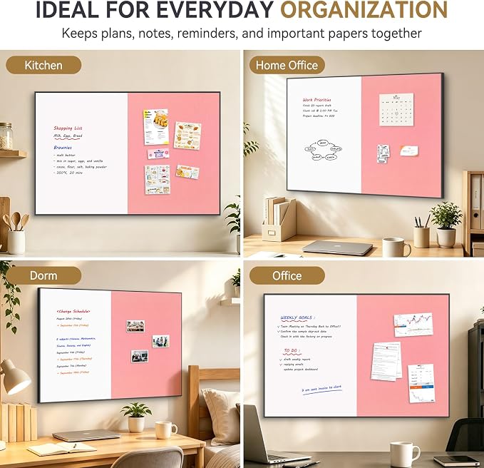 Whiteboard Bulletin Board Combo, 36"x24" Dry Erase Linen Cork Board | Magnetic, Black Aluminum Frame, Pink Linen Pin Board, Wall Mount, Vertical & Horizontal, for Home Office Kitchen Dorm