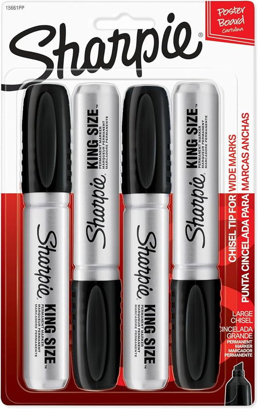 Sharpie King Size Permanent Markers, Large Chisel Tip, Black, 4 Count - Office Supplies, Quick Drying, Great for Poster Boards