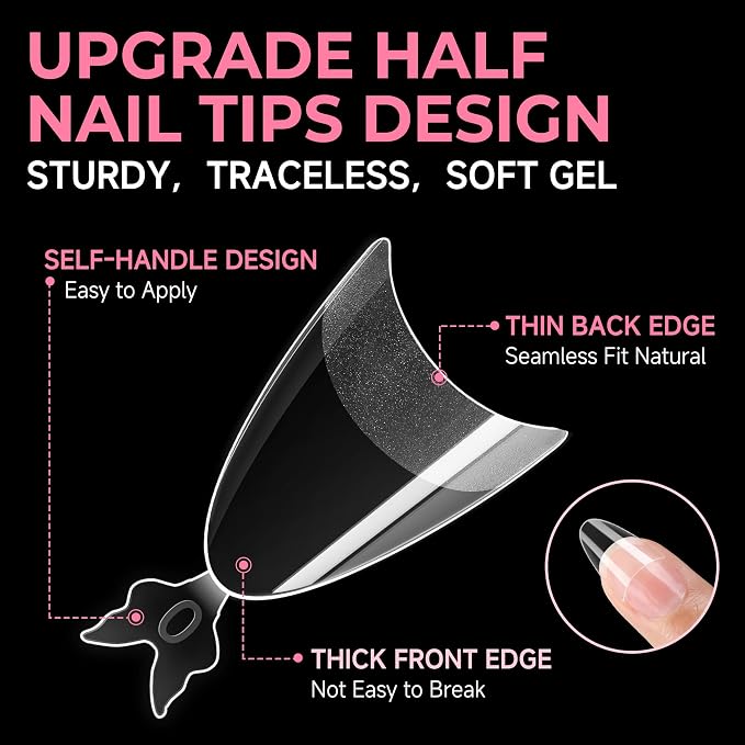 UNA GELLA Gel Nail Tips Almond Shape: 504pcs Half Cover Pre-Etched | Medium Almond Nail Tips Upgrade Soft Gel Matte Design for DIY Press On Nails Acrylic False Nails Tips 12 Sizes
