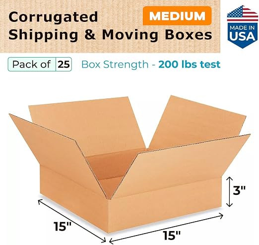 Medium Moving & Shipping Boxes 15"L x 15"W x 3"H (25-Pack) - Extra Strength 200 lb vs Regular - Corrugated Boxes for Packaging - Medium Packing Box - Carton Box by IDL Packaging | Extra Strength 200 lb vs Regular - Corrugated Boxes for Packaging - Medi...
