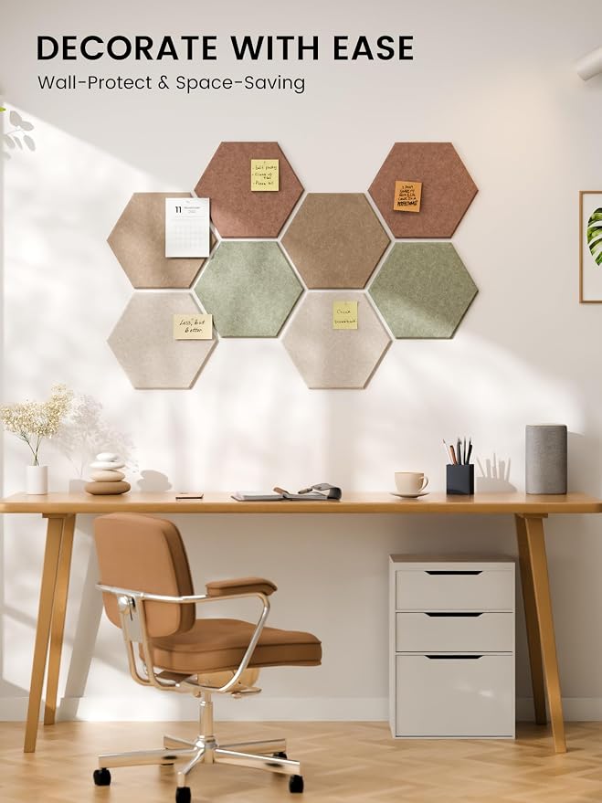 Fluxynara 8-Pack Hexagon Felt Bulletin Board Tiles, Boho-1 | Cork Board Alternative with 50 Adhesive Tabs for Notes, Photos and Reminders in Home Offices, Dorm and Classrooms