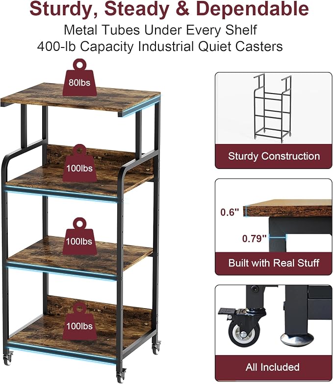 Extra Large Printer Stand with Wheels, 4-Tier Tall Printer Table, Printer and Shredder Stand with Storage Shelf for Home Office (Rustic Brown)