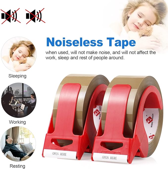 BOMEI PACK Brown Packing Tape No Noise, 2 Pack Quiet Packaging Tape Refill with Dispenser, 1.88 inch x 110 Yards, Heavy Duty Shipping Tape for Sealing Packing, Moving, Office&Storage