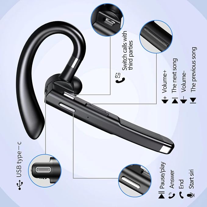 Bluetooth Headset with Microphone, Wireless Bluetooth Earpiece for Work, Trucker Headset with ENC Noise Cancelling Mic, 72H Charging Case, Bluetooth 6.1 Hands Free for Driving Office PC Phone, Black
