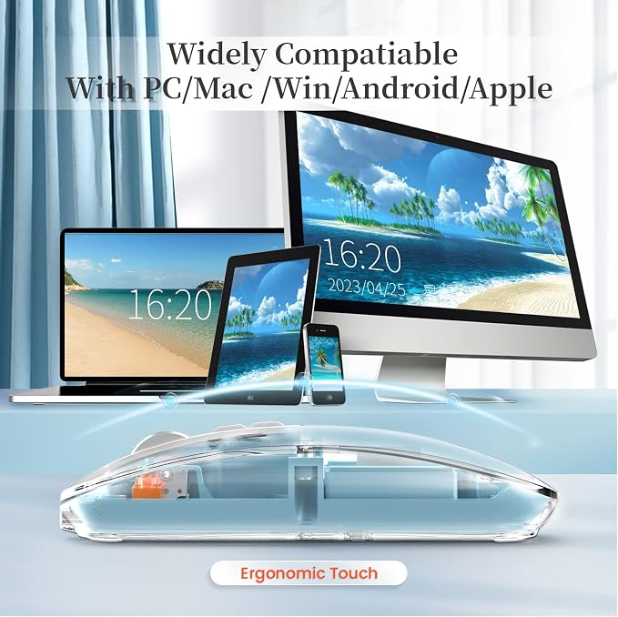 AJAZZ Wireless Bluetooth5.1&2.4G Mini Lightweight Mouse,Transparent Clear Cool,Rechargeable Silent Computer Mice,Nano USB C Receiver,LED Battery Magic Silm for Office/PC/Mac/Laptop/Apple/ipad(Blue)
