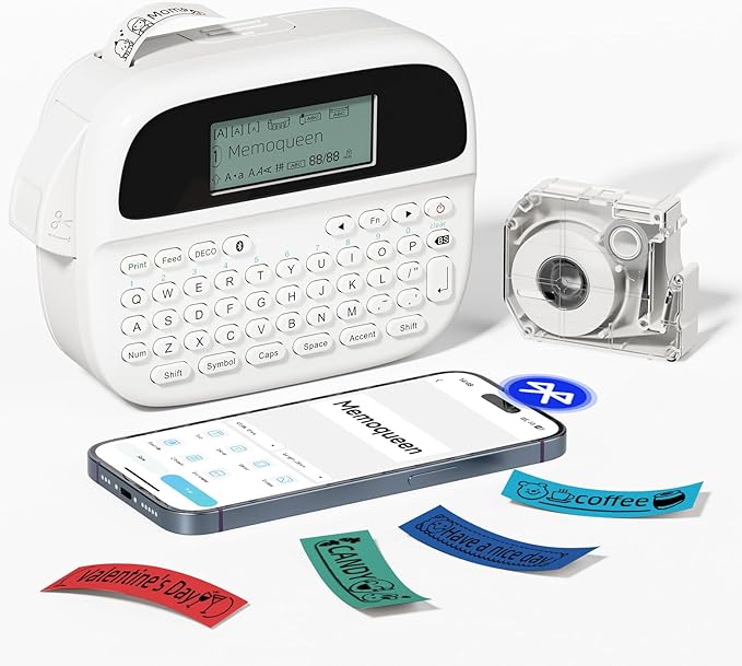Memoqueen Label Maker, Label Maker Waterproof-Labels,Rechargeable Bluetooth Labeler with Backlit LCD, Multi-Symbol Icon Style Template Desktop Label Machine Widely Used in Office, Home,School