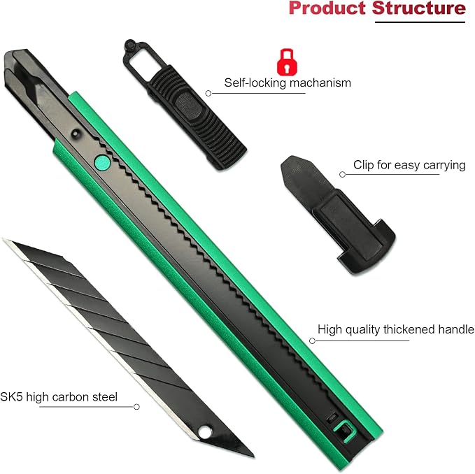 FOSHIO Retractable Utility Knife with 30 Degree Snap Off Blade 9MM, Box Cutter for Carton, Cardboard and Box, Office, Home Use, 3 Pack Green Aluminum Handle Knife with Extra 30 Replacement Blades