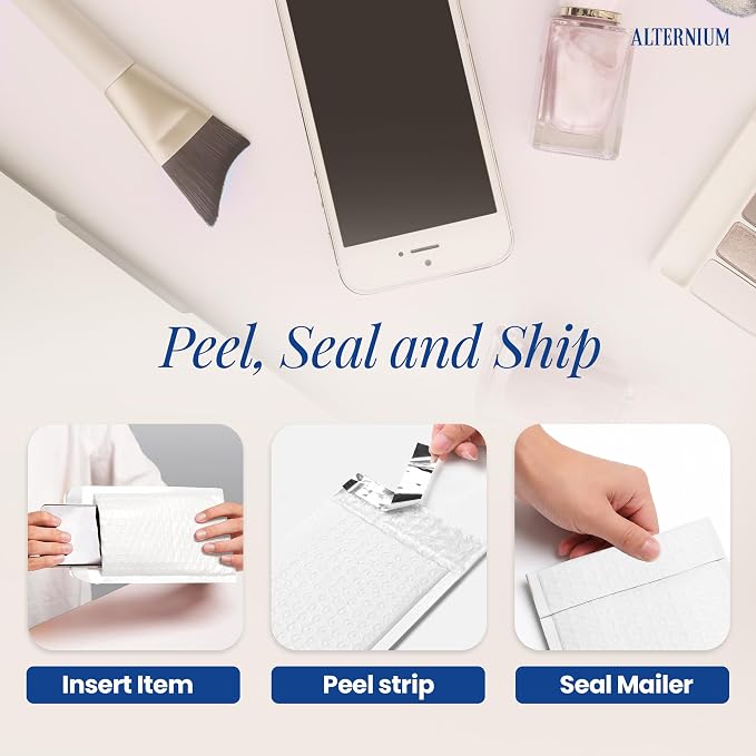 ALTERNIUM Bubble Mailers 4x7 Inch, 100-pack – Small Padded Shipping Envelopes, Self Seal Poly Bubble Mailers, Waterproof Lightweight Mailers for Jewelry, Trading Cards & Small Business - White