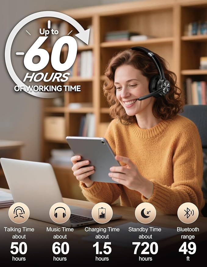 TECKNET Trucker Bluetooth Headset, Wireless Headset with Mic for Work, V5.2 Bluetooth Headphones with AI Noise Cancelling Microphone, 60H Battery, On-Ear Headphones for Call Center, Office, Drivers
