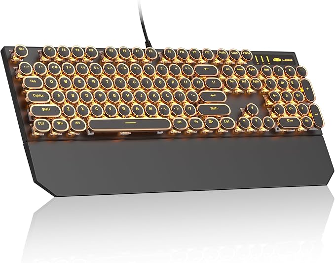 MageGee Typewriter Mechanical Gaming Keyboard, Retro Round Golden Electroplated Keycaps, LED Orange Backlit Wired Keyboards for Laptop PC Gamer, with Magnetic Wrist Rest, Metal Panel, Blue Switch