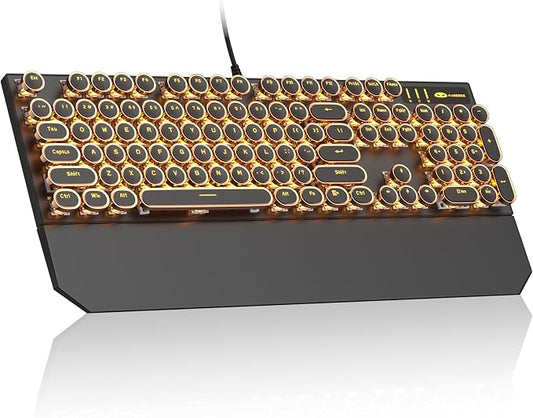MageGee Typewriter Mechanical Gaming Keyboard, Retro Round Golden Electroplated Keycaps, LED Orange Backlit Wired Keyboards for Laptop PC Gamer, with Magnetic Wrist Rest, Metal Panel, Blue Switch