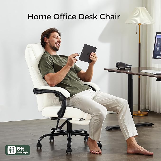 Office Chair, Big and Tall Office Chair with Foot Rest Ergonomic Chair Home Office Desk Chairs Reclining High Back Leather Chair with Lumbar Support(White)