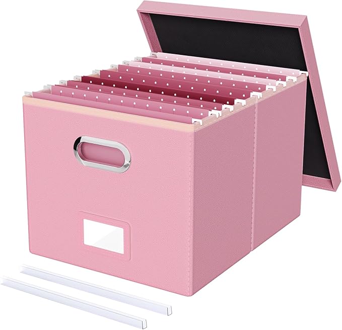 File Organizer Box,Filing Box with Lid,File Box for Letter/Legal File Folder Storage, Portable Hanging File Box for Office/Decor/Home,1 Pack, Pink(Leather),Box only