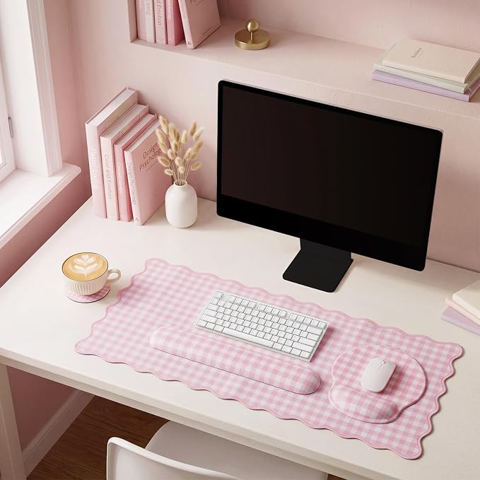 Pink Gingham Desk Mat Set with Wrist Rest, Ergonomic Design, Scalloped Edge Keyboard Mouse Pad Set Large 35.4x15.7 Inch, Memory Foam Wrist Support, Non-Slip Desk Pad Home Office Decor