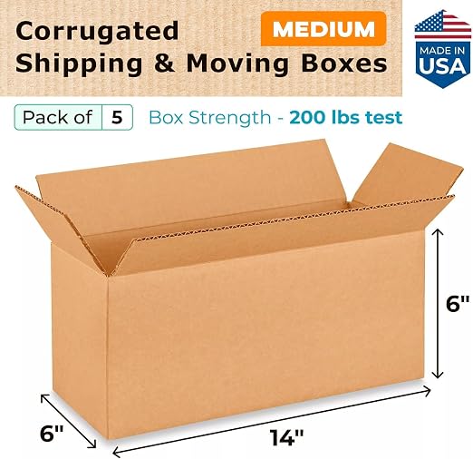 Medium Moving & Shipping Boxes 14 x 6 x 6 inches (5-Pack) - Extra Strength 200 lb vs Regular - Corrugated Packing Boxes for Delivery - Corrugated Box - Heavy Duty Shipping Box by IDL Packaging | Extra Strength 200 lb vs Regular - Corrugated Packing Box...