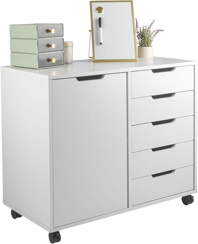 5 Drawer Office Storage Cabinet - Wooden Lateral File Cabinet with 5 Drawers, Door, and Adjustable Shelves - Rolling Printer Stand for Home Office Organization and Storage by Lavish Home (White)