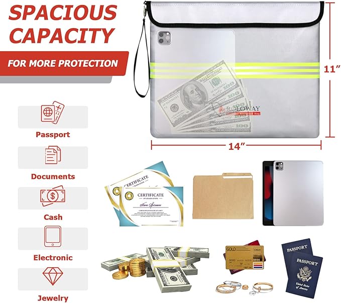 ROLOWAY Fireproof Document Bag (14 x 11 inch) with 5200℉ Upgraded Aluminum Foil Layer, Fireproof Bag for Documents with Reflective Strip and Zipper (Silver)