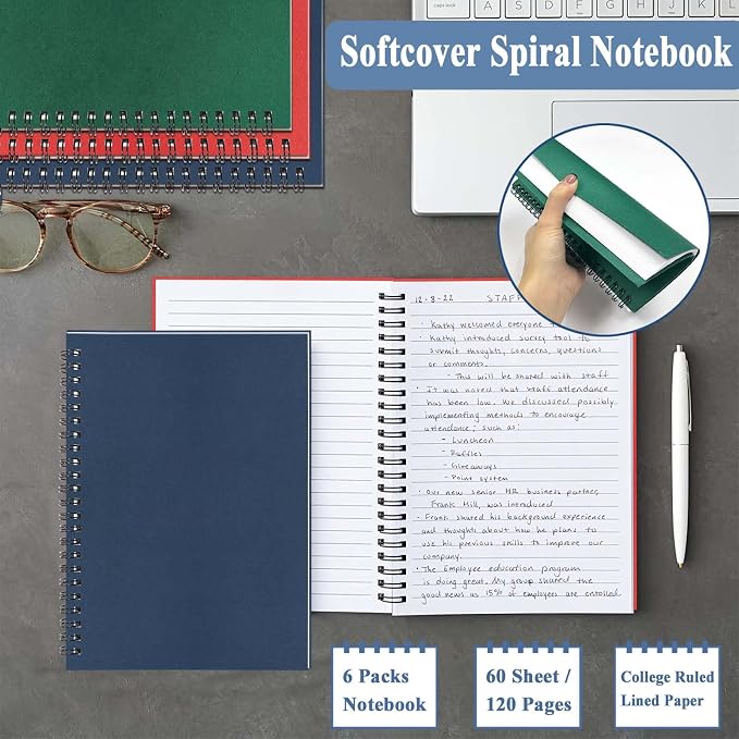 6Pack Small Spiral Notebook A5, 5.5x8.3” Notebook for Work 120Page Notepads | Colored Multipack College Ruled Notebooks A5 Kraft Spiral Bound Small Notebook Journal Lined Note Pads for Writing Journaling