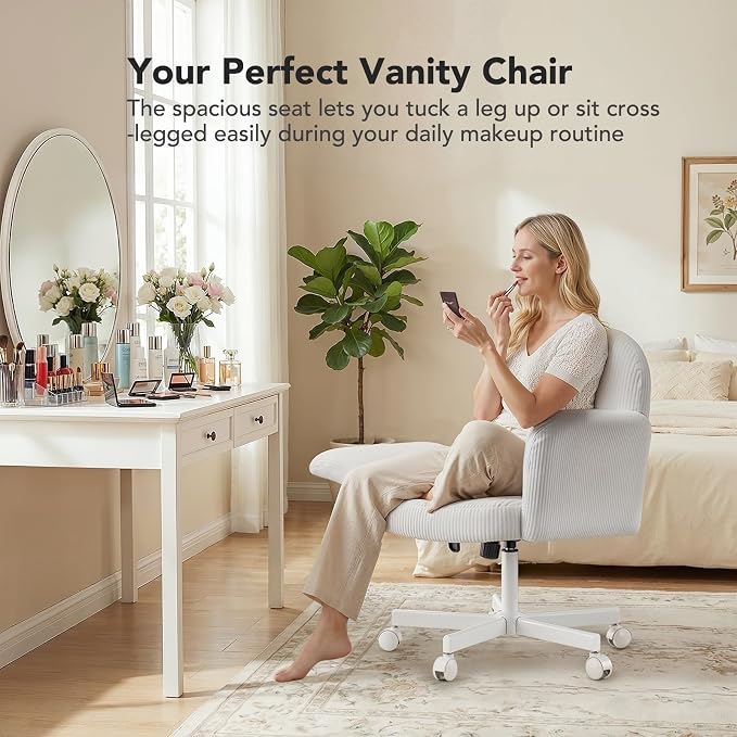 HUANUO Criss Cross Office Chair for Girls, Cross Legged Desk Chair with Adjustable Armrests, Soft Corduroy Fabric for Small Spaces, Home Office Computer Chairs for Petite Women, White