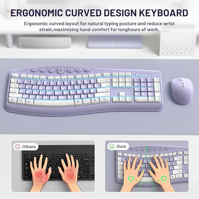 Wireless Keyboard and Mouse Combo Silent Ergonomic Curved Design for Office