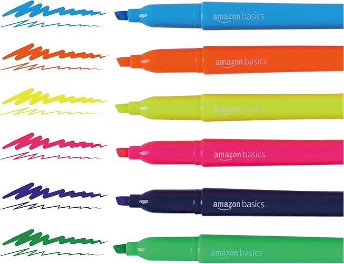 Amazon Basics Chisel Tip Highlighters, Fluorescent Ink, Vibrant Assorted Colors, School Supplies, 24-Pack
