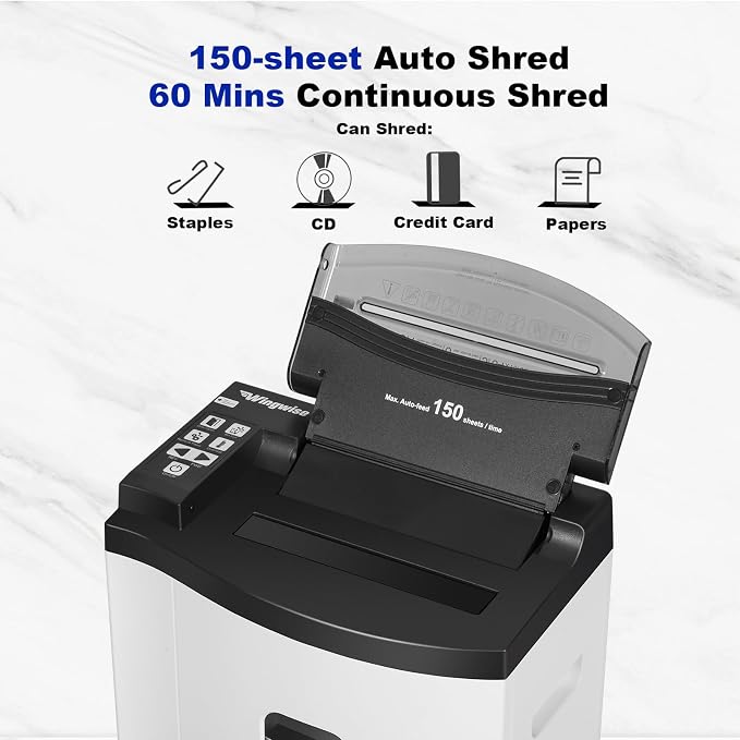 Wingwise 150 Sheets Auto-Feed Micro Cut Paper Shredder for Home Office | P-5, 60 Mins Runtime, 6 Gallons, Shreds CDs & Credit Cards