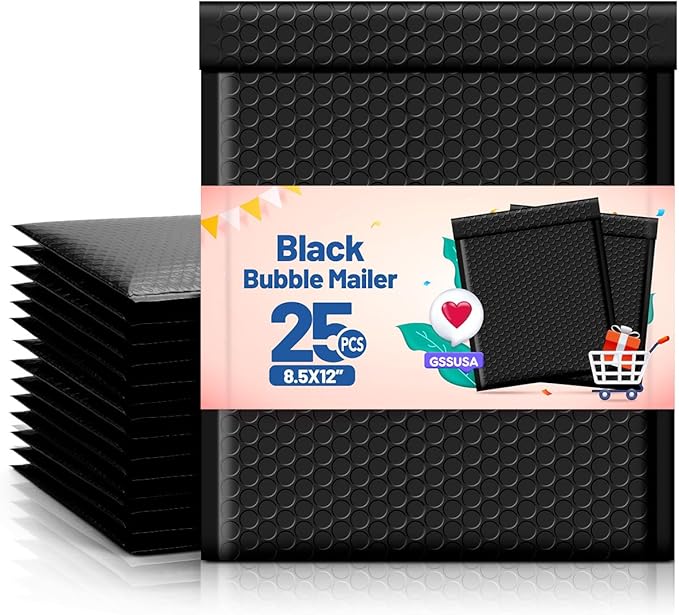 GSSUSA Black Bubble Mailers 8.5x12 large Padded Envelopes 25 Pack,Self-Seal Shipping Mailer, Packaging Bags, Small Business Supplies,Mailing Bags, Packaging for Small Business, Black