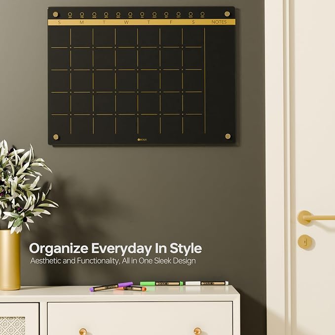 Black Glass Golden Monthly Dry Erase Calendar Whiteboard for Wall, 17" x 23", Frameless Large Planner White Board for Home Kitchen Office, 4 Wet Erase Markers Included, Yeoux