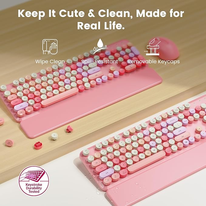 Wireless Keyboard and Mouse Combo with Magnetic Wrist Rest, Round Keycaps, Full-Size Retro Typewriter-Style Keyboard, Two-Stage Tilt Legs, Auto-Sleep, 2.4GHz for Windows PC Laptop, Pink Colorful