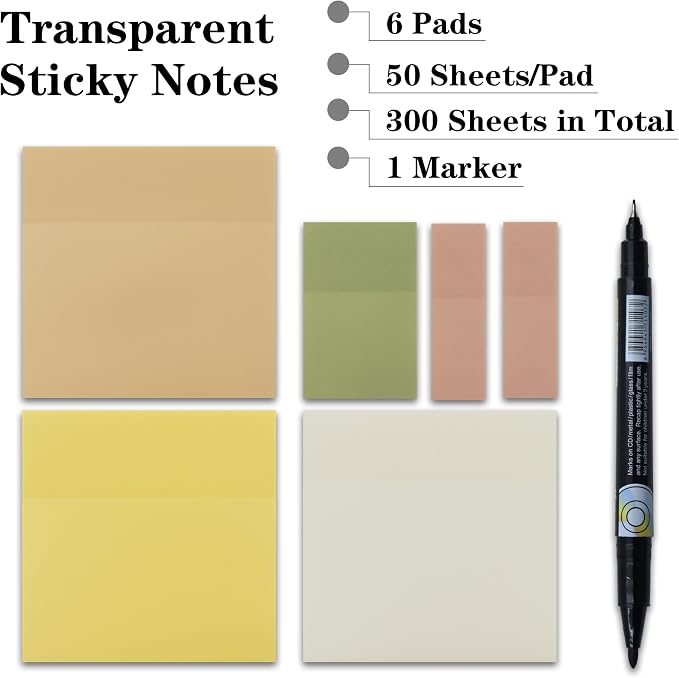 YOUDEFUL Clear Sticky Notes,Transparent Sticky Notes in 3 Sizes | Waterproof Translucent Sticky Note for Books Annotation, Back to School Sticky Notes for Bible Study, School, Office