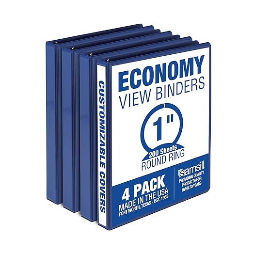 Samsill 1 Inch 3 Ring Binders, Economy Round Ring, Clear View Cover, 200 Sheet Capacity - for School, Home, Office - Blue, 4 Pack
