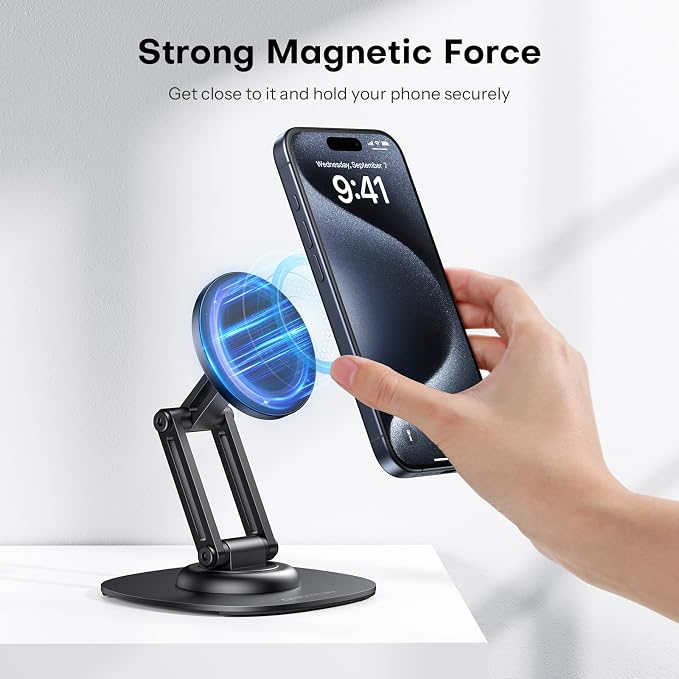OMOTON MS04 [360° Rotating] Adjustable Magnetic Phone Stand for Desk, Black | Fold Aluminum for MagSafe Cell Phone Stand with Non-Slip Base for iPhone 17/16/15 Pro Max Air for PC Gaming Women Men Gift ﻿