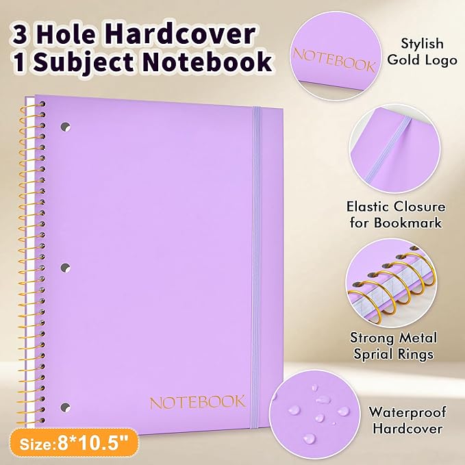 Spiral Notebook College Ruled Paper 8" x 10-1/2", 1 Subject Spiral Notebook, 3-Hole Punched Perforated Pages Ideal for School, Office, Writing, 95 Sheets Lined Journaling Notebook, Purple
