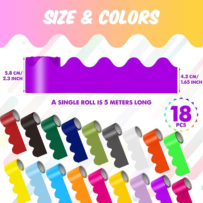 18 Rolls 300 Feet Bulletin Board Borders in 18 Colors, Scalloped Rolled Bulletin Board Trim for Wall Classroom School Office DIY Decoration(Classic Style,Multicolored)