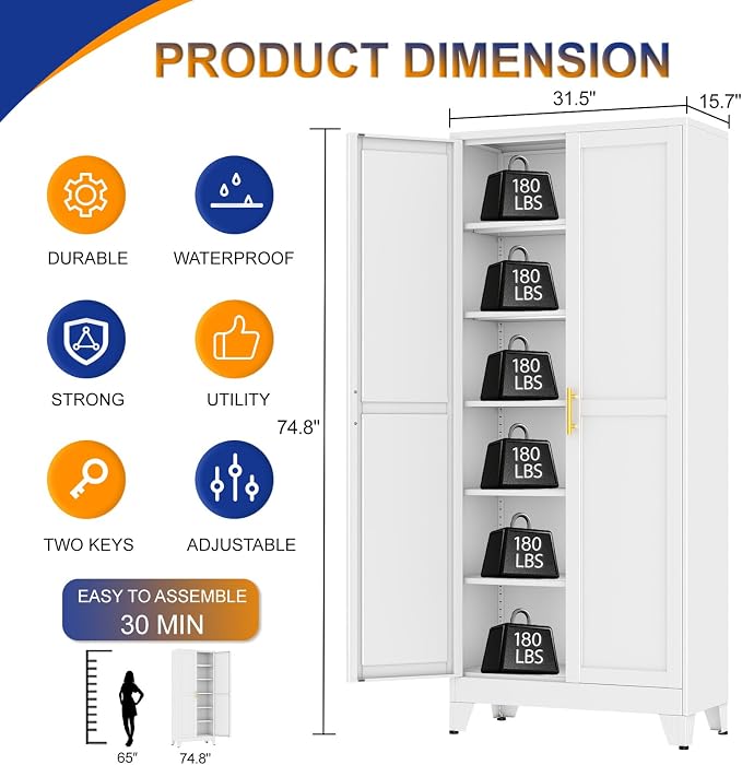 Metal Storage Cabinet with 2 Doors and 5 Adjustable Shelves - 74.8" Steel File Cabinet,Tool Cabinets for Office,Home,Garage,Gym,School (White)