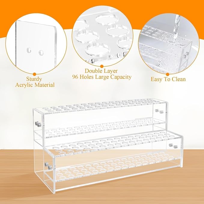 96-Slots Pen Display Stand,2-Tier Acrylic Pen Holder for Craft Shows,12mm Beadable Pens Stand Paint Brush Holder Pencil Organizer Makeup Brush Rack Art Brush Organizer for Office Desk School Supplies