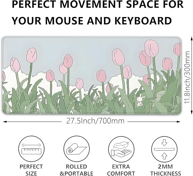 Tulip Flower Mouse Pads,Pink Mouse Pad for Woman,Large Desktop Mat for Keyboard and Mouse,XL Mousepad for Home Work Game(27.5X11.8 in)