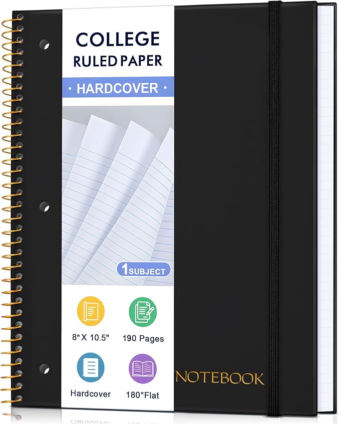 Spiral Notebook College Ruled Paper 8" x 10-1/2", 1 Subject Spiral Notebook, 3-Hole Punched Perforated Pages Ideal for School, Office, Writing, 95 Sheets Lined Journaling Notebook, Black
