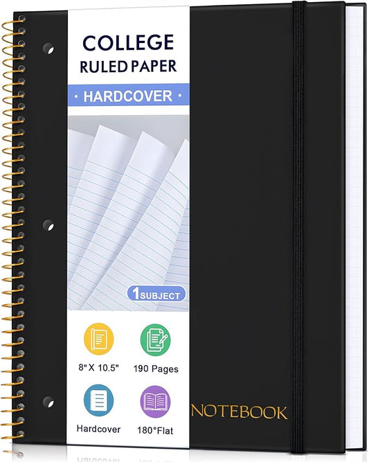 Spiral Notebook College Ruled Paper 8" x 10-1/2", 1 Subject Spiral Notebook, 3-Hole Punched Perforated Pages Ideal for School, Office, Writing, 95 Sheets Lined Journaling Notebook, Black