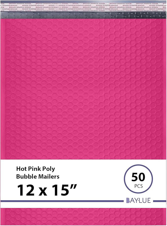 Hot Pink Large Poly Bubble Mailers 12x15 inch | Self Seal Padded Envelopes Cushioned Bubble Mailer | Usable Size 12x15 | WaterProof | Lightweight mailing Shipping Bags | 50 Pack Bulk