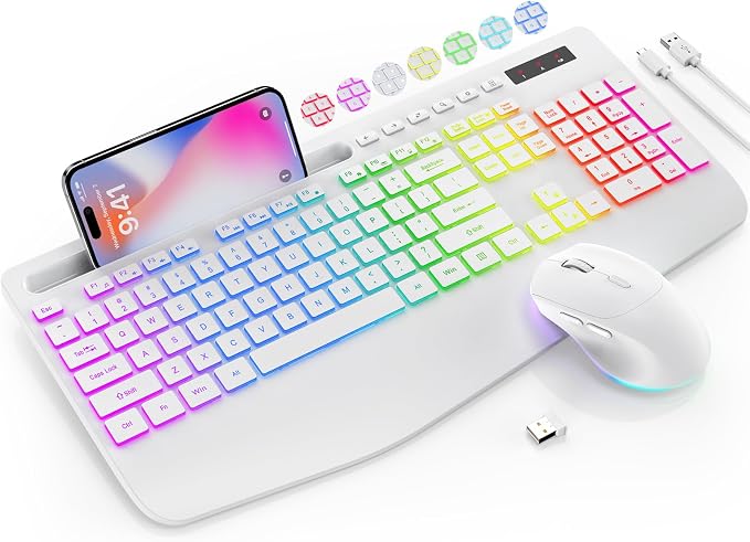 Wireless Keyboard and Mouse Combo - 9 Backlit Effects, RGB, 2.4Ghz | Ergonomic Wrist Rest, Phone Holder, Rechargeable, Full Size, KM22 MAX Silent Set for Computer, Laptop, Mac, Windows (White)