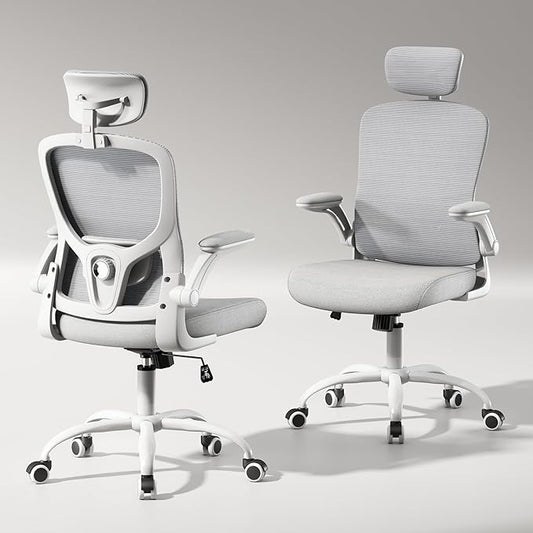 Ergonomic Chair for Office- Study Chair,300lb Gaming Chair, Mesh Comfortable High Back Chair, Headrest, Lumbar Support, Armrest, Comfy Seat for Man Woman(White-Grey6076)