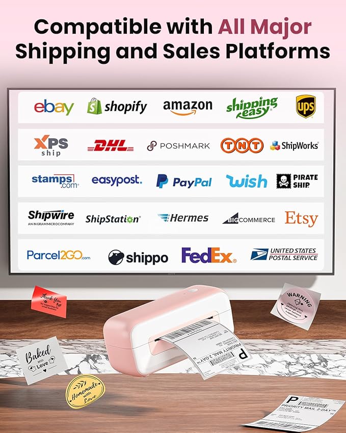 Phomemo Shipping Label Printer- Bluetooth Thermal Label Printer 4x6 for Small Business, Compatible with iPhone Android Windows Mac, Fast Inkless Printing for Amazon Shopify USPS FedEx - Pink