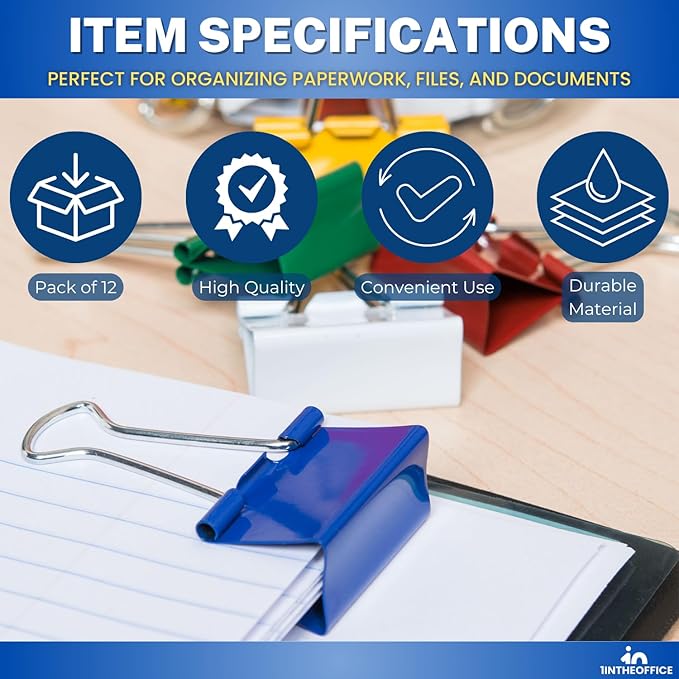 1InTheOffice Large Binder Clips Colored, 2" Size with 1" Capacity -12 Clips