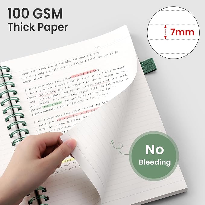 EMSHOI Lined Spiral Journal Notebook, 300 Pages, A4 Size (8.2'' x 11.2'') | College Ruled, 100 GSM Thick Paper, Flexible Plastic Cover, for School, Writing, Work, Office & Journaling (Dark Green)