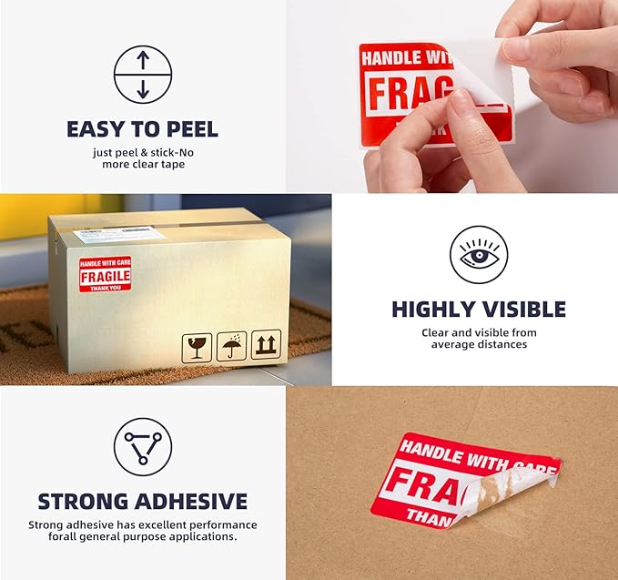 3 x 2 Inch Handle with Care Fragile Stickers for Shipping Moving Glass 1000 Permanent Adhesive Fragile Labels-2 Rolls