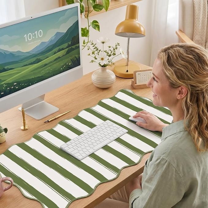 1 Pcs Green Scalloped Striped Desk Mat 31.5 x 11.8 Inch Large Cute Mouse Pad Computer Mat Non Slip Waterproof Rubber Base with Border Stitching Soft Keyboard Pad for Home Office Gaming Makeup