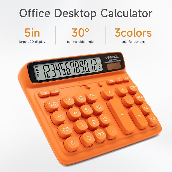VEWINGL Office Desktop Calculator, 12-Digit Large HD LCD and Big Buttons | Solar and Battery Power with GT, MU, %, Square Root, 00 Key and Decimal Settings for Accounting, Business, School, and Home