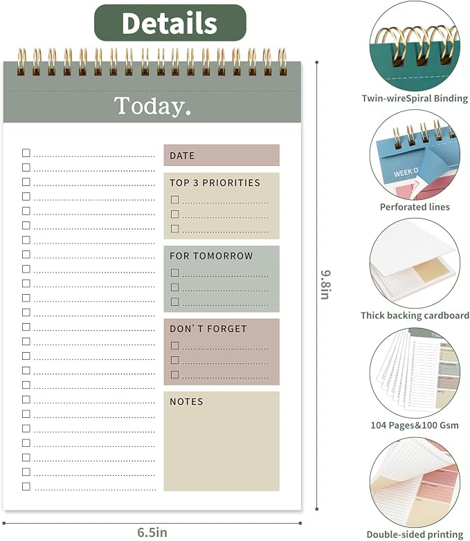 104 Pgs To Do List Notepad, 52 Undated Sheets Duplex-printed | 6.5“×9.8” Daily Planner For Work Home School Office Desk Accessories Supplies & Goal Setting Tasks -Green