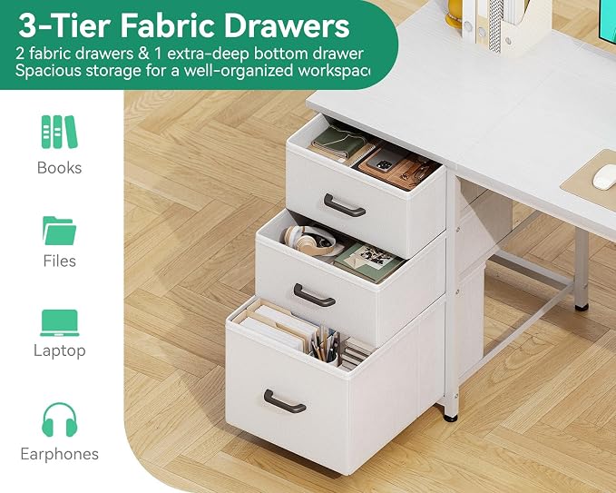 AODK 63 Inch Computer Desk with Drawers & USB Power Outlets | Reversible Home Office Desk with Storage Shelves, Work from Home, Modern Work/Writing/Study Table for Bedroom, White